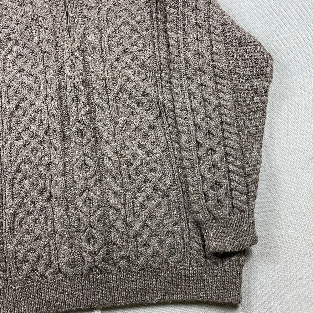 Orvis Sweater Mens XL Ireland 100% Wool 1/4 Zip Brown Cable Knit Fisherman Heavy